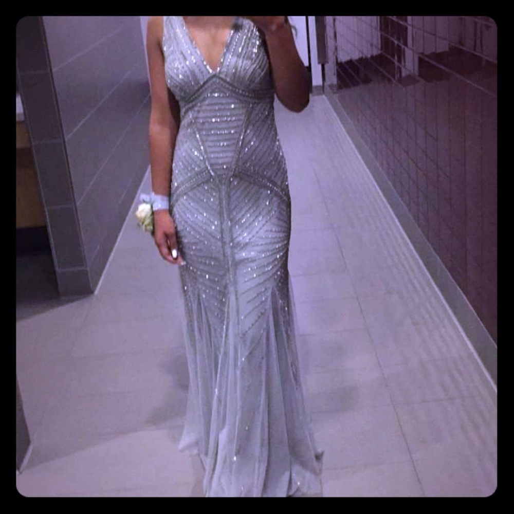 Silver embellished formal black tie prom dress